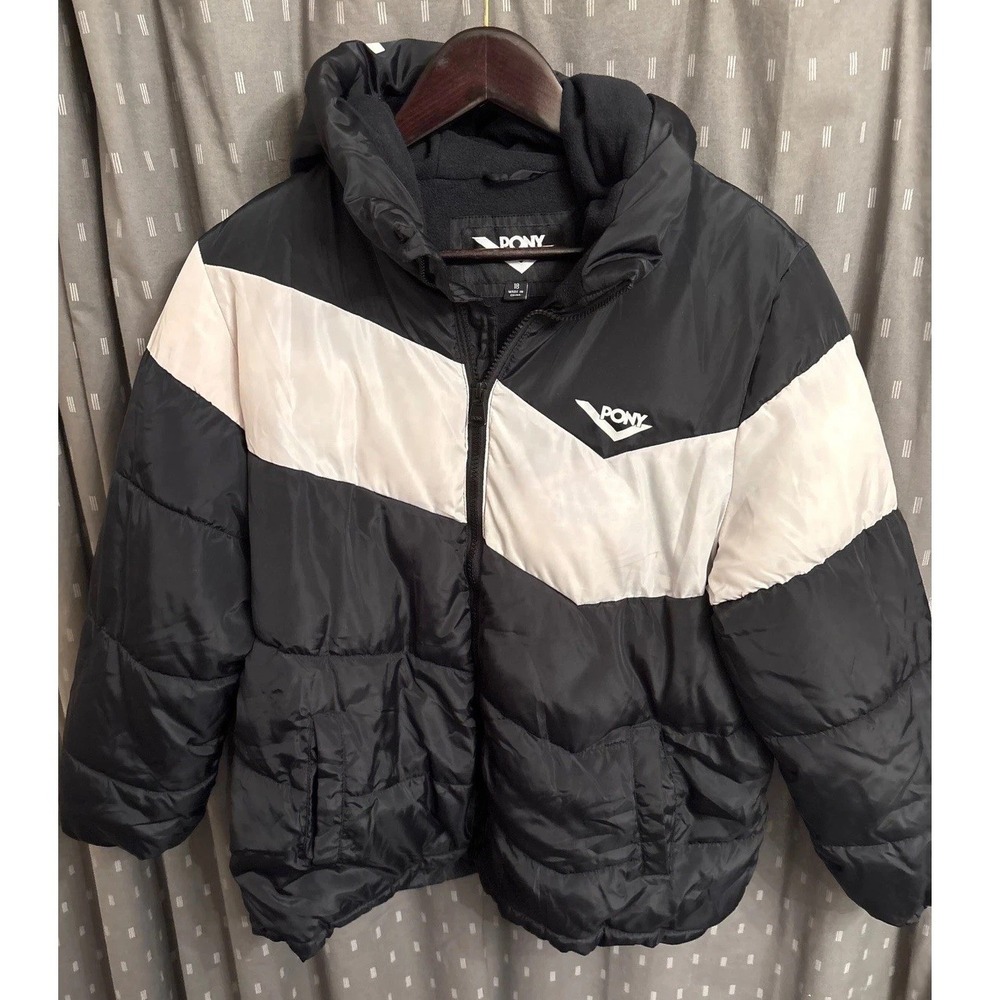 PONY Kids Black White Colorblock Puffer Jacket Hooded Fleece Lined Size 18